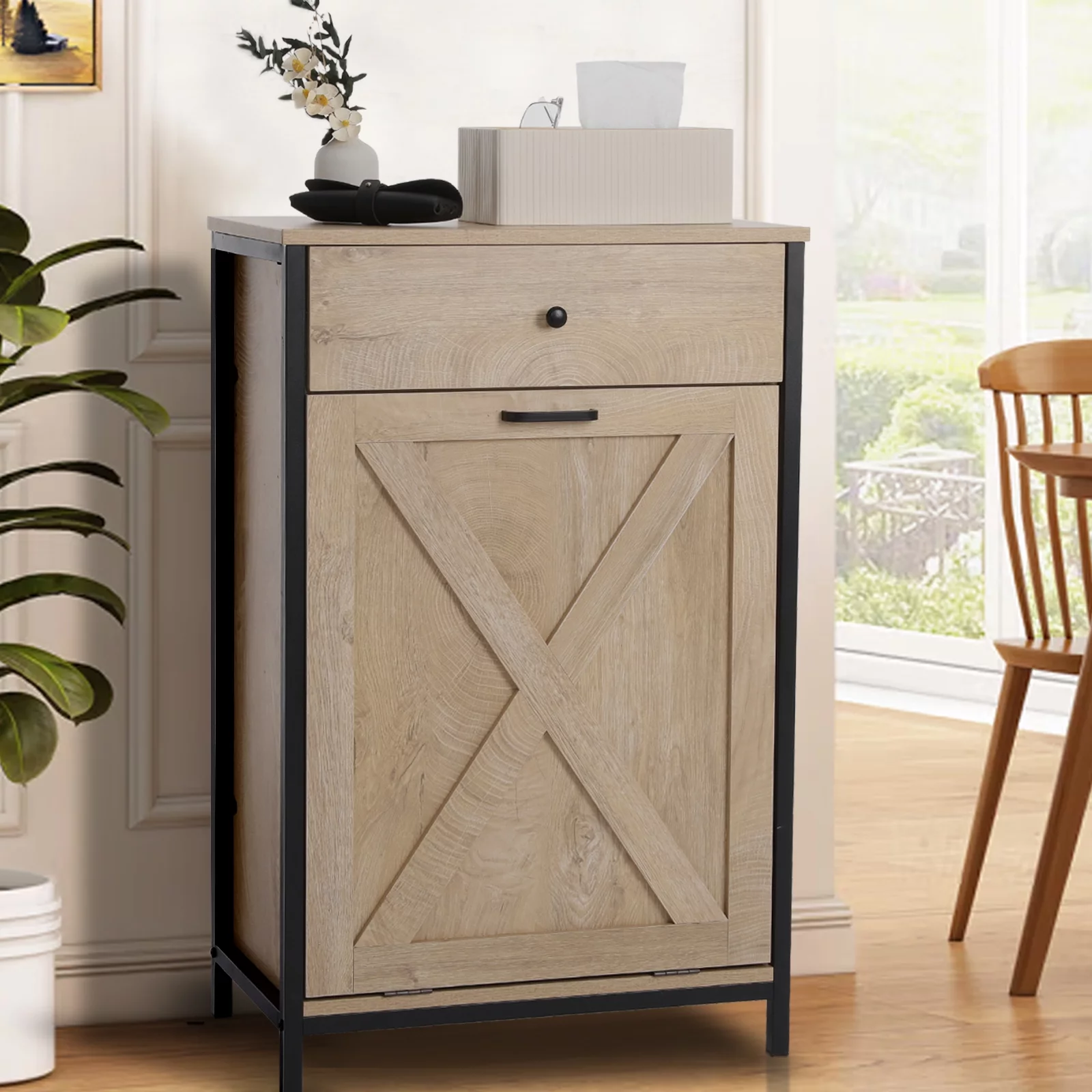Eclife 10 Gallons Tilt Out Trash Cabinet Rustic Wood Barn Door Style Kitchen Island Storage with Solid Hideaway Drawer