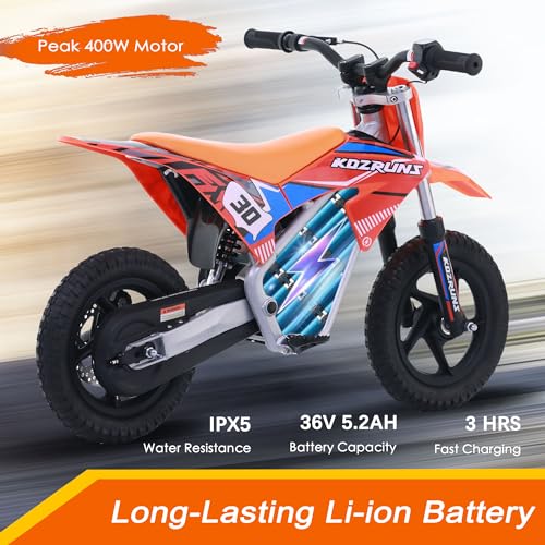 OLALA 36V Electric Dirt Bike for Kids Aged 4-8, Brushless 350W Racing Grade Electric Motorcycle, Up to 18.6MPH & 3 Speed Settings, Dual Disc Brakes