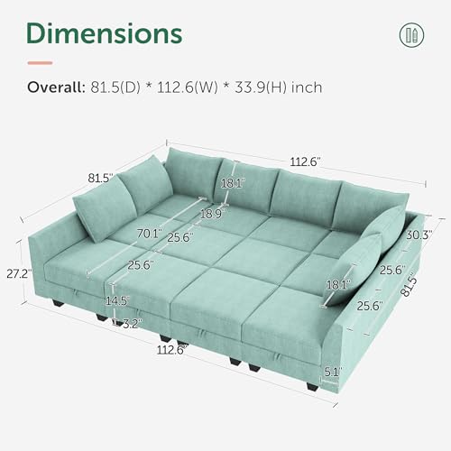 HONBAY Modular Sofa Sectional Sleeper Couch with Ottomans Reversible Sleeper Sectional Sofa Modular Couch with Storage, Aqua Blue