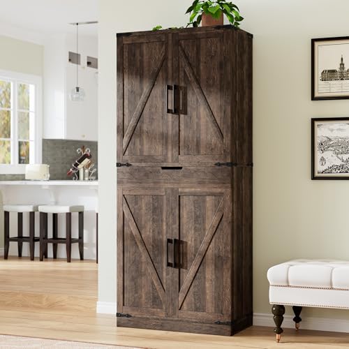 72" Tall Storage Cabinet, Kitchen Pantry Cabinet with Adjustable Shelves & Sturdy Steel Frame, Farmhouse Pantry Storage with 4 Barn Doors for Kitchen