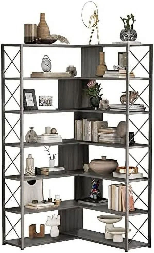 Bookcase 7- Tall Corner Bookshelf  Floor Standing L-Shaped Organizer Book  with Open   Metal Frame for Home Office