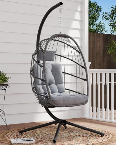 SWITTE Egg Chair Outdoor with Stand, Indoor Wicker Hanging Egg Swing Chair with Cushion, 350lbs Capacity for Patio, Bedroom, Garden - Gray