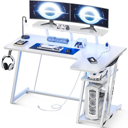 MOTPK Gaming Desk with LED Lights & Power Outlets, 55 Inch L Shaped Gaming Computer Desk with Storage Shelf, Gamer Desk with Monitor Stand