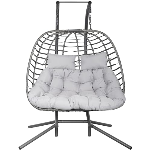 HWB Hanging Egg Chair with Stand, Patio Wicker Hammock Egg Swing Chair with Cushion for Bedroom Garden Indoor Outdoor (Beige)