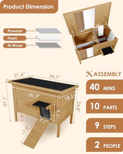 Ivy&Lane Outdoor-Cat-House | Insulated-Feral-Cat-Shelter | Weatherproof | for Winter | Foam & Wood | Large | for Multiple Cats | Fold-up Stair |