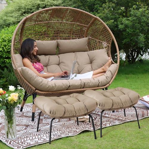 NICESOUL® Double Egg Chair Indoor Outdoor Stationary Oversized Thicken Padded Cushions, 2 Person Egg Loveseat Chair