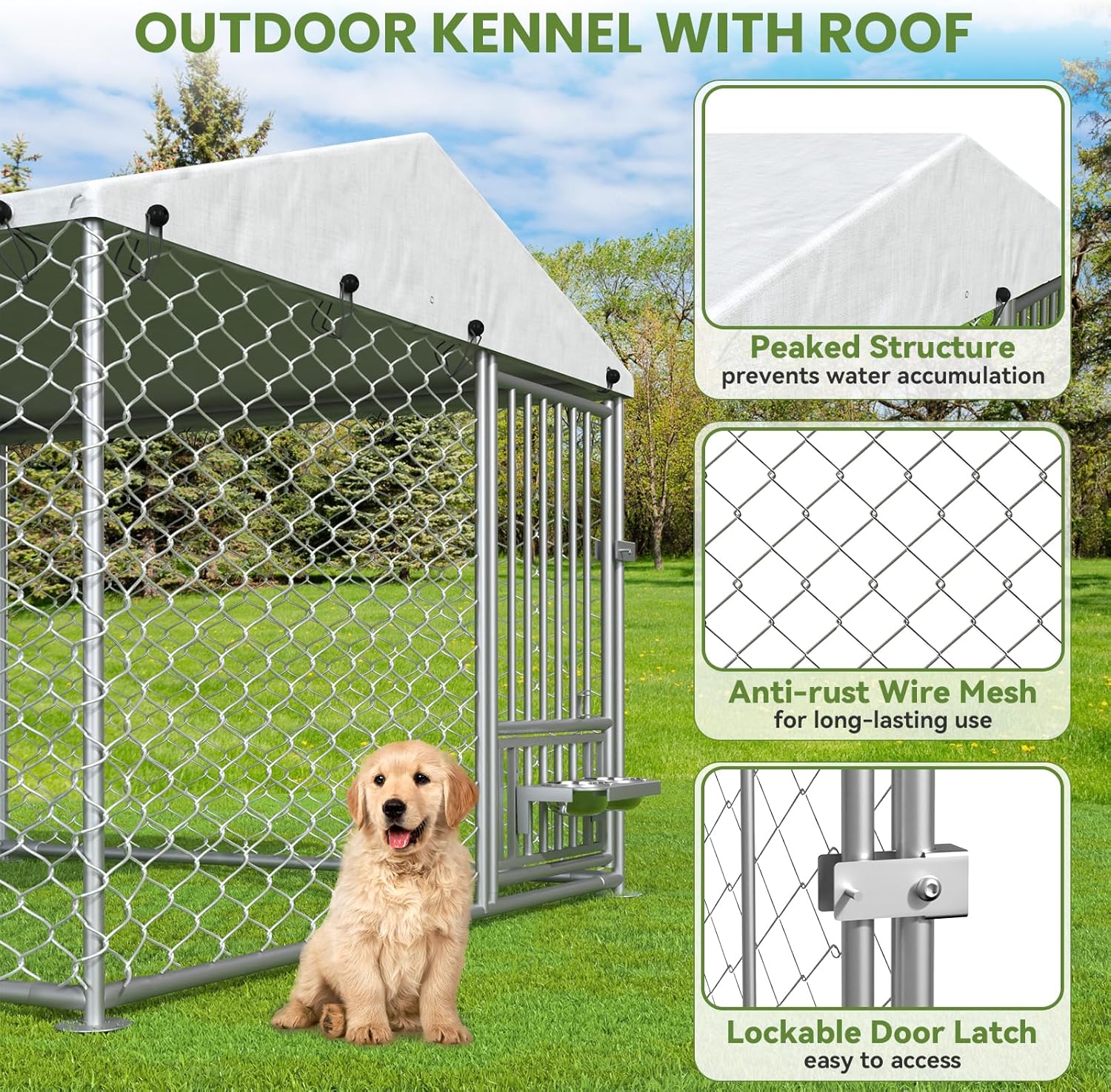 6.7' x 6.7' x 5' Outdoor Dog Kennel with Roof, Outside Dog Kennel with UV-Resistant & Waterproof Cover