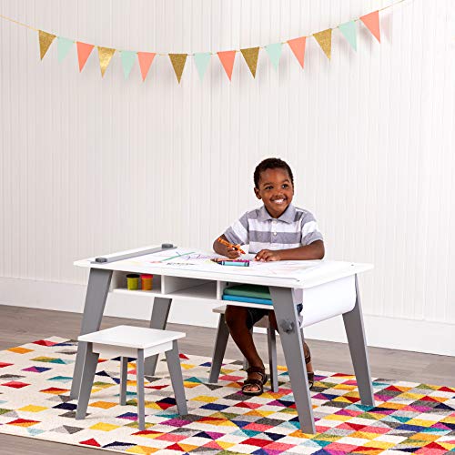 Wildkin Kids Arts and Crafts Table Set for Boys and Girls, Mid Century Modern Design, Includes Two Stools