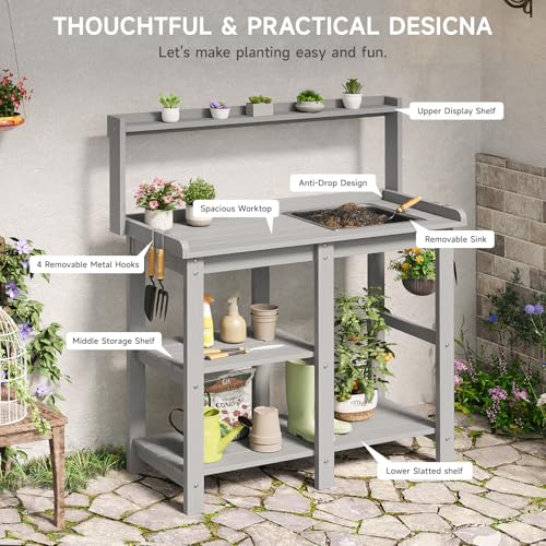 Potting Bench, Outdoor Potting Bench Table with Removable Sink, HDPS Potting Benches for Outside, Garden Table with Storage Shelves & 4 Side Hooks