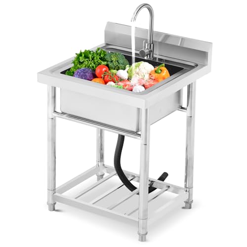 Utility Sink Stainless Steel Free Standing Single Bowl Laundry Outdoor Commercial Kitchen Sink with Cold Hot Pipe for Bar, Garage, Restaurant
