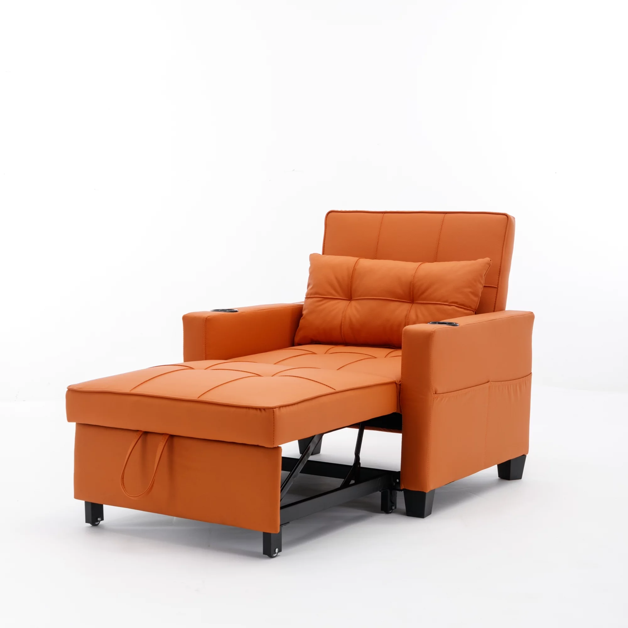 Futon Chair Bed Convertible Chair 3-in-1 Pull Out Sleeper Chair Beds with USB Ports, Armchair Bed Sleeper for Living Room (Orange Leather)