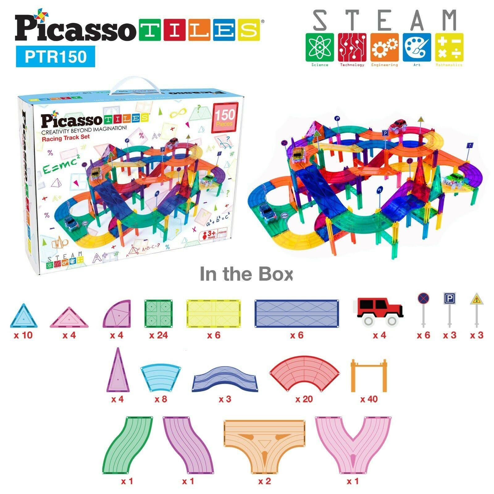 PicassoTiles Magnetic Building Block Race Track Series 150 Piece Set