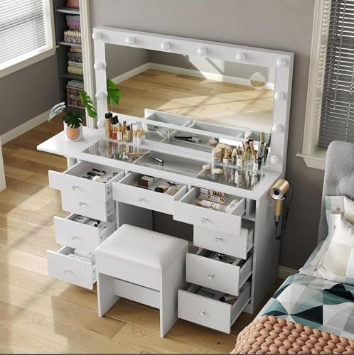 Vanity Desk with Power Outlet, 9 Drawers Makeup Vanity with Mirror and 12 LED Lights, 3 Lighting Modes, Glass Top Vanity Set, Fold-up Panel