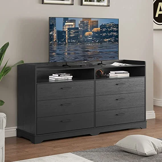 Classic 6 Drawer Dresser,Wood Finish,Modern Farmhouse Storage Tower Chests of Drawers and Open Cubby,for Bedroom,Living Room,Black