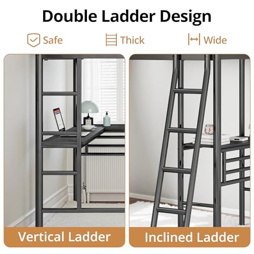 Twin Size L-Shaped Loft Bed with 2 Built-in Desks, Metal Loft Corner Bed with 2 Ladders and Safety Guard Rail