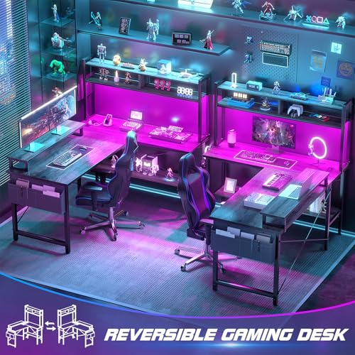 Aheaplus L Shaped Gaming Desk with Power Outlets & LED Lights, Small L- Shaped Desk Computer Corner Desk with Monitor Stand & Storage Shelf