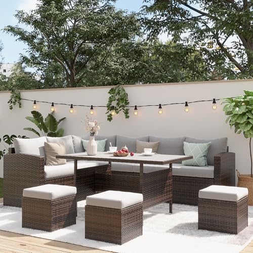 Wisteria Lane Outdoor Patio Furniture Set, 7 Piece Outdoor Dining Sectional Sofa with Dining Table and Chair