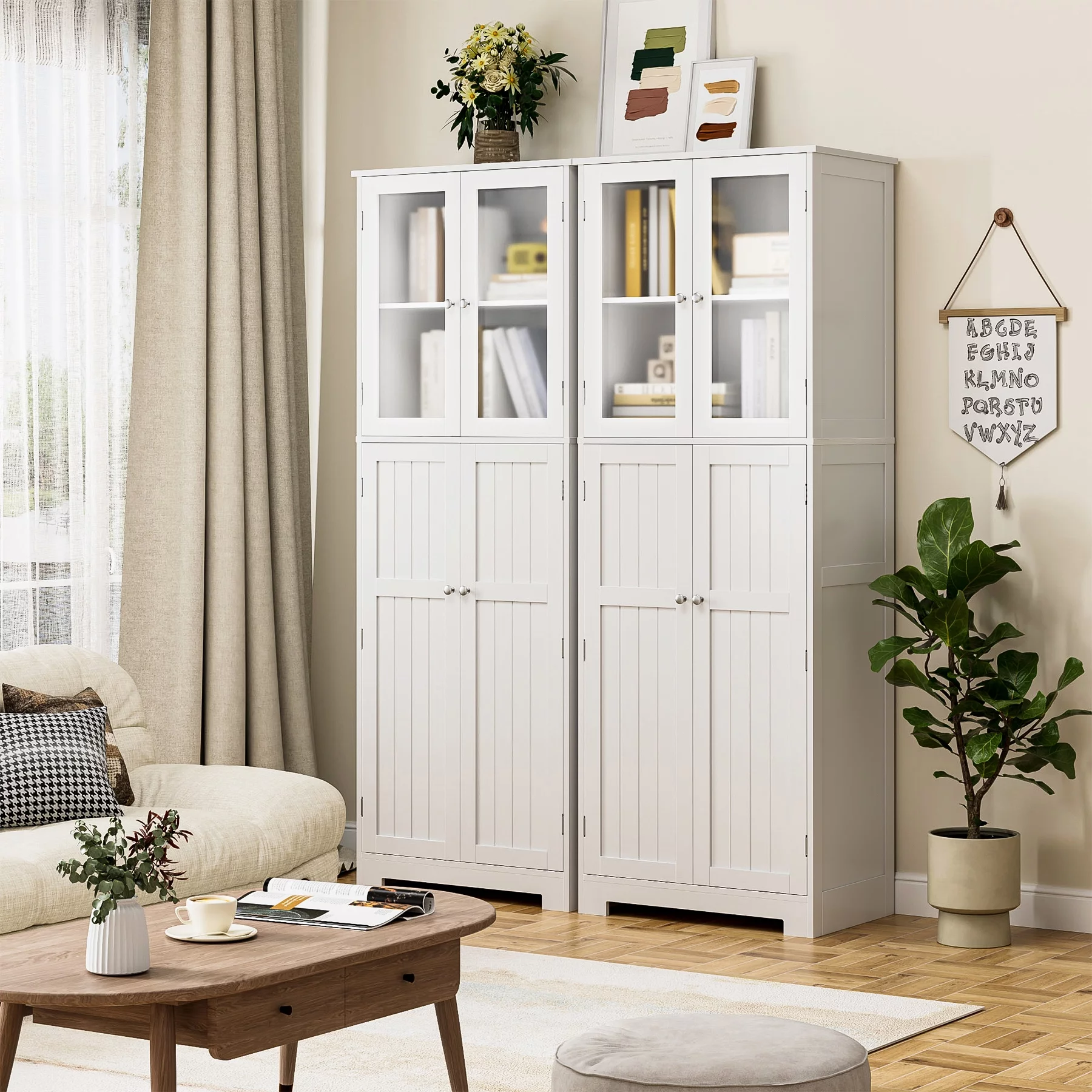 Homfa Farmhouse Kitchen Pantry Cabinet,  67'' Food Storage Cabinet with Frosted Glass Doors for Dining Room, White