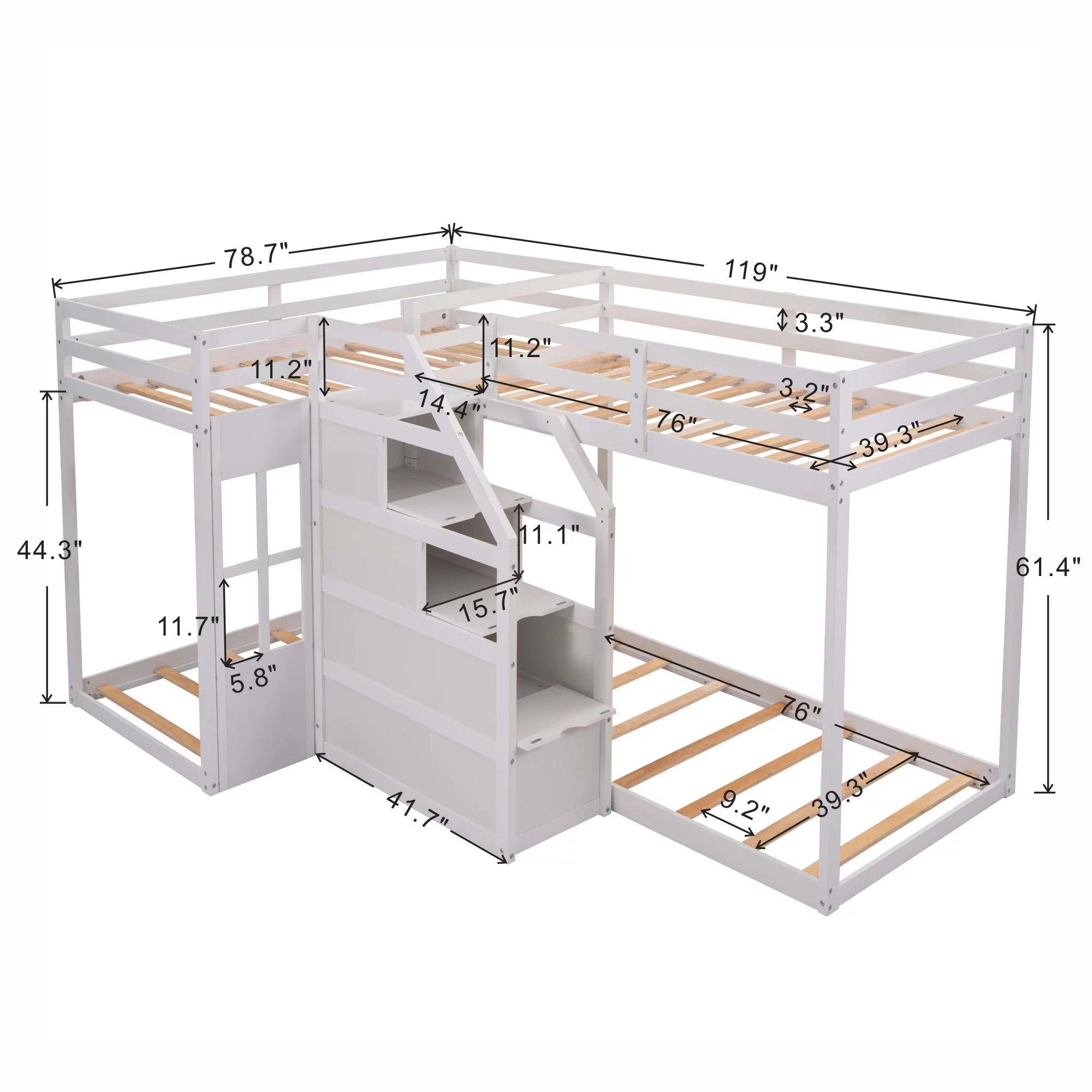 EUROCO Twin over Twin L-Shaped Bunk Bed with Middle Staircase, White - Curated Treasures Market