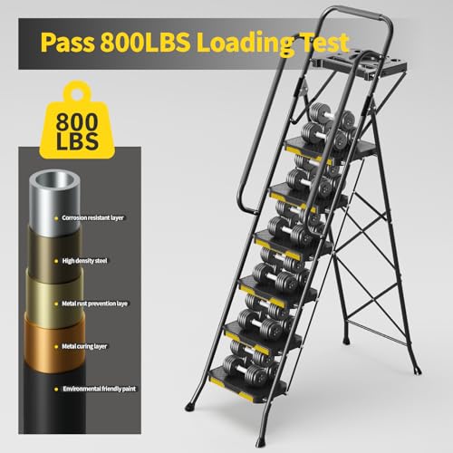 KINGRACK 6 Step Ladder with Tool Platform, Folding Step Stool with Handrails, Sturdy Steel Ladder with Wide Pedal