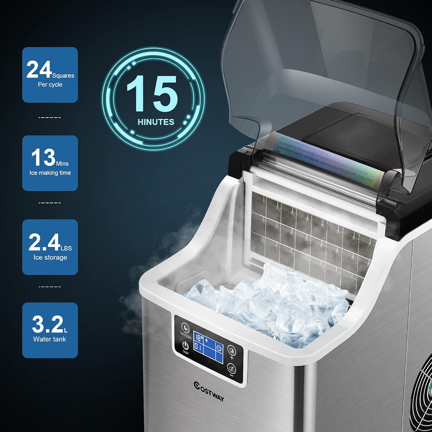 COSTWAY Countertop Ice Maker, 40LBS/24H Portable Compact Ice Machine with Top Inlet Hole, Auto Self-Cleaning Function, 24 pcs Ice Cube in 15 Mins