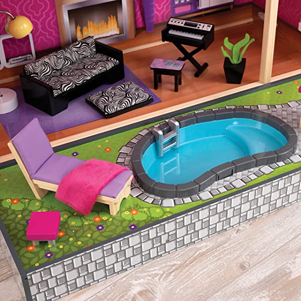 Wooden Modern Dollhouse with Lights & Sounds, Pool and 36 Accessories, Gift for Ages 3+ 49.25" x 25.25" x 46.25"