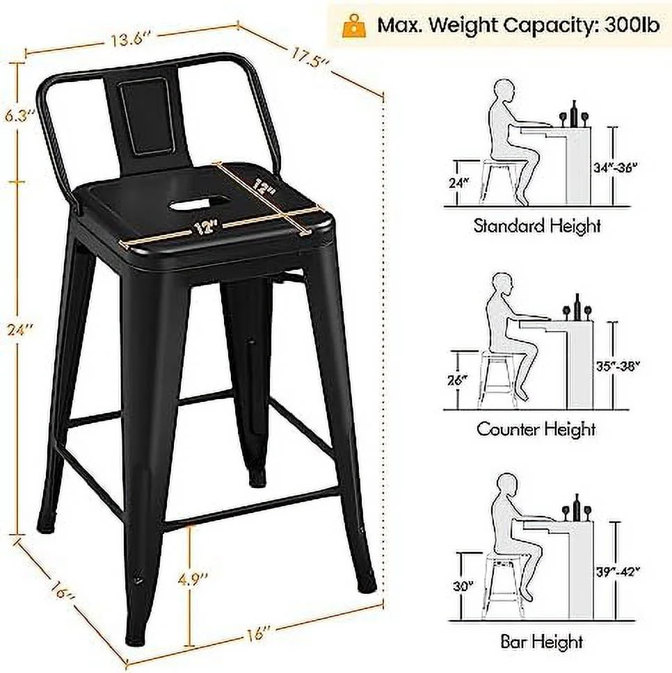 NLTBONNIE 26 inch Metal  Stools Set of 4 Counter Height Barstools with Low Back Indoor Outdoor Kitchen Stools Modern Industrial  Chairs Matte Black