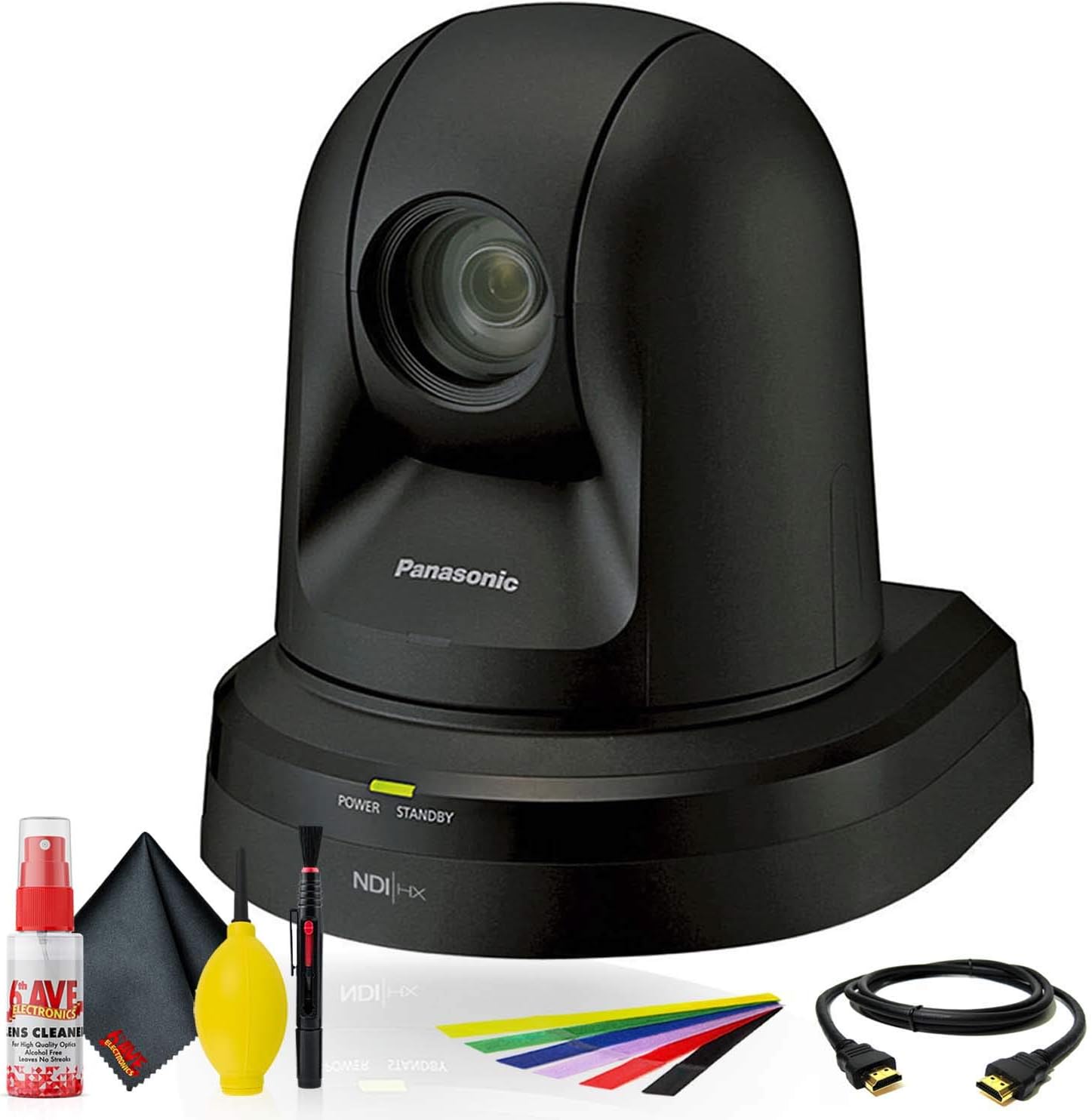 Panasonic 22x Zoom PTZ Camera with HDMI Output and NDI (Black) (AW-HN38HKPJ) + Deluxe Cleaning Set + HDMI Cable + Velcro Straps -Base Bundle