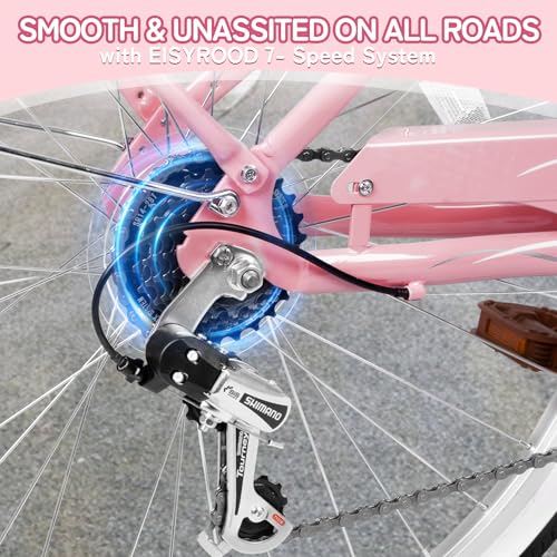 26 Inch Beach Cruiser Bike for Women, Hybrid Cruiser Bike with 7 Speed, Adjustable Seat, Lightweight Women Beach Cruiser Bike with Anti-Skid Tires