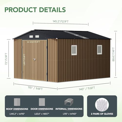 10X12X7.5 FT Outdoor Steel Storage Shed with Lockable Doors, 2 Windows, Transparent Roof Panels (Wood Panels & Frame Floor Not Included)