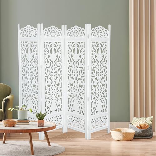 Lightnpro Wooden Room Divider - Handmade Foldable Partition Screen with Intricate Oval Carved Design Hinged