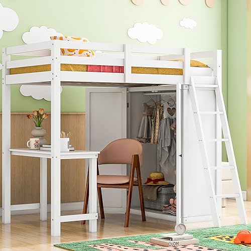Harper & Bright Designs Full Size Loft Bed with Wardrobe and Desk, Solid Wood Loft Bed Frame with Storage, for Kids Teens Adults (Full Size, White)