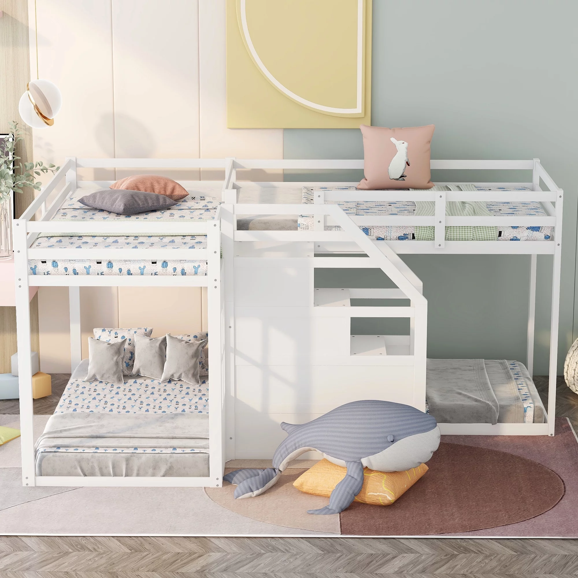 EUROCO Twin over Twin L-Shaped Bunk Bed with Middle Staircase, White - Curated Treasures Market