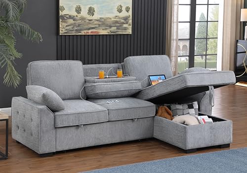 L-Shaped Pull Out Sleep Sofabed,Modern Reversible Sleeper Sectional Sofa Chenille Upholstered Button Tufted Decor with Storage Chaise