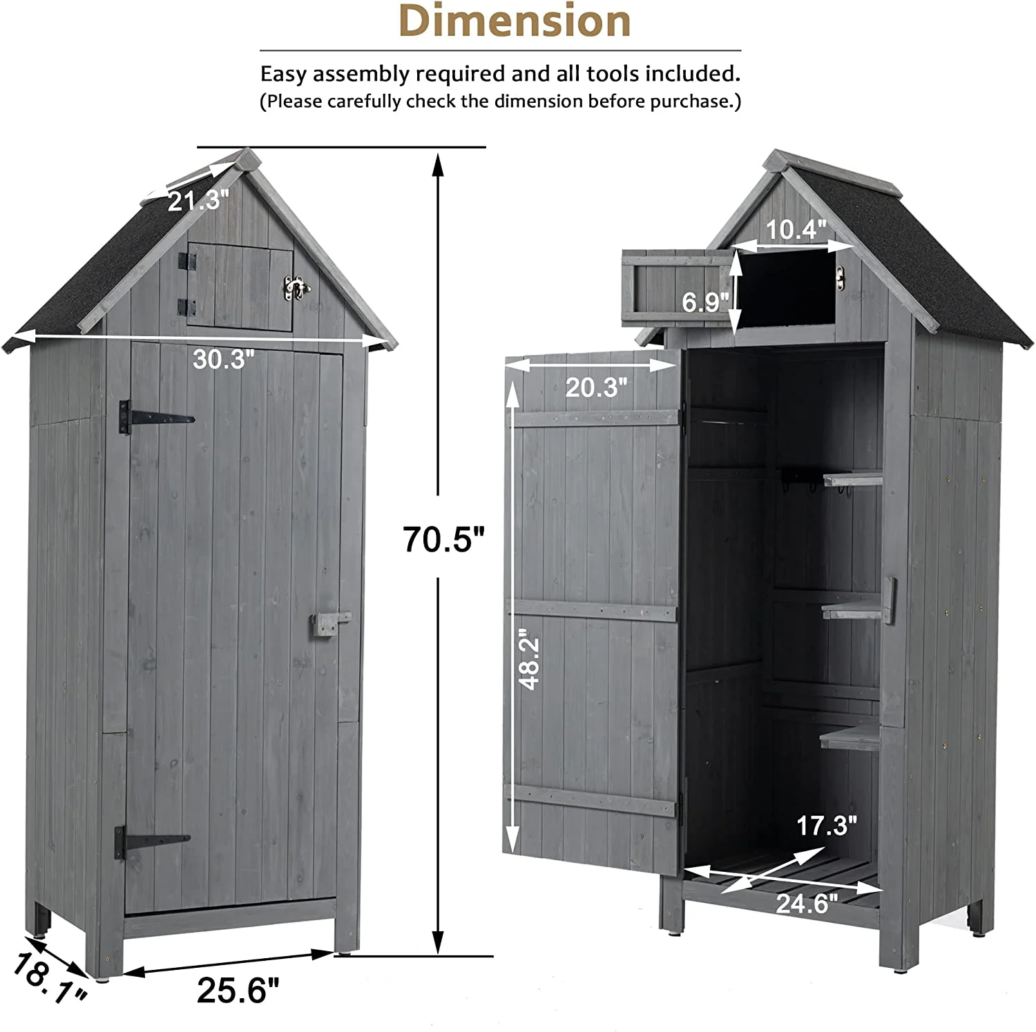 Wooden Outdoor Storage Cabinet Tool Shed - 30.3&rdquo; L X 21.3&rdquo; W X 70.5&rdquo; H Small Wood Garden Shed