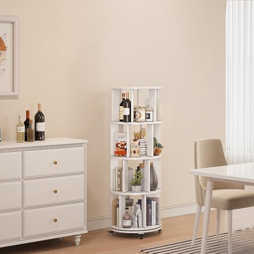 6 Tier Rotating Bookshelf Tower Spinning Bookshelf with Swivel Wheels Book Shelf Rotating Storage Tower for Kids Adult Narrow Walnut Solid Wood