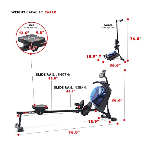Sunny Health & Fitness Elite Water Rowing Machine with High Dynamic Resistance Vertical Tank