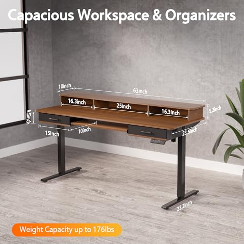 48x24 Inches Electric Standing Desk with 2 Drawers, Height Adjustable Stand up Desk for Home Office, Ergonomic Sit to Stand Table with Storage Shelf
