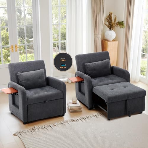 COLAMY Convertible Sleeper Chair-Fabric Futon Sofa Bed, Single Sleeper Sofa, Small Couch Bed with USB Port, Foldable Table, Pillow