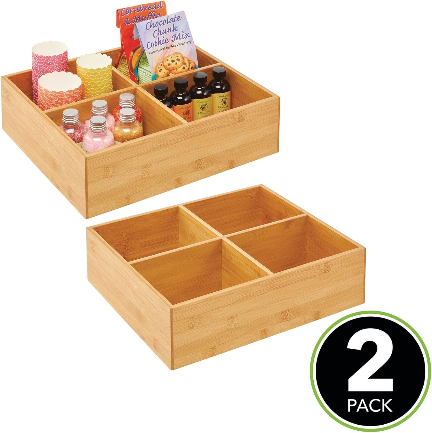 mDesign Bamboo Kitchen Cabinet Pantry Organizer Bin - 4 Divided Sections - Eco-Friendly, Multipurpose - Use in Drawers, on Countertops