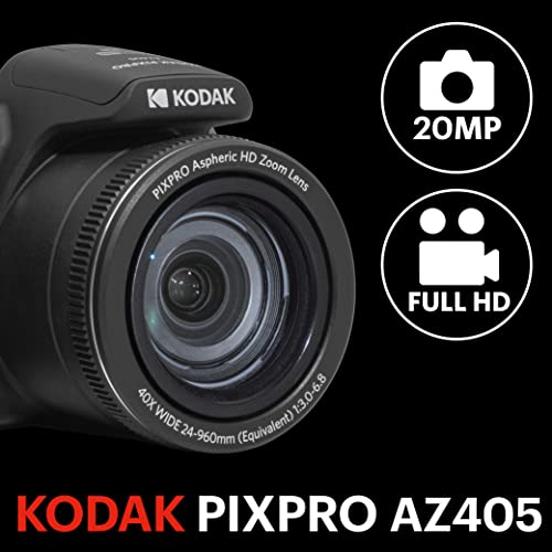 KODAK PIXPRO AZ405-BK 20MP Digital Camera 40X Optical Zoom 24mm Wide Angle Lens Optical Image Stabilization 1080P Full HD Video 3" LCD Vlogging