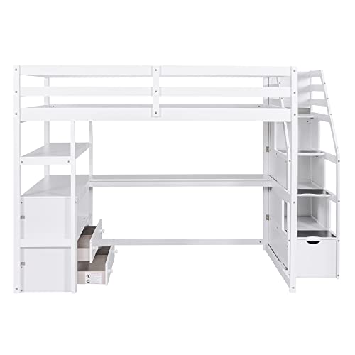 Twin Loft Bed with Staircase, Desk and Wardrobe, Wood Loft Bed with Storage Shelves and Safety Guardrail