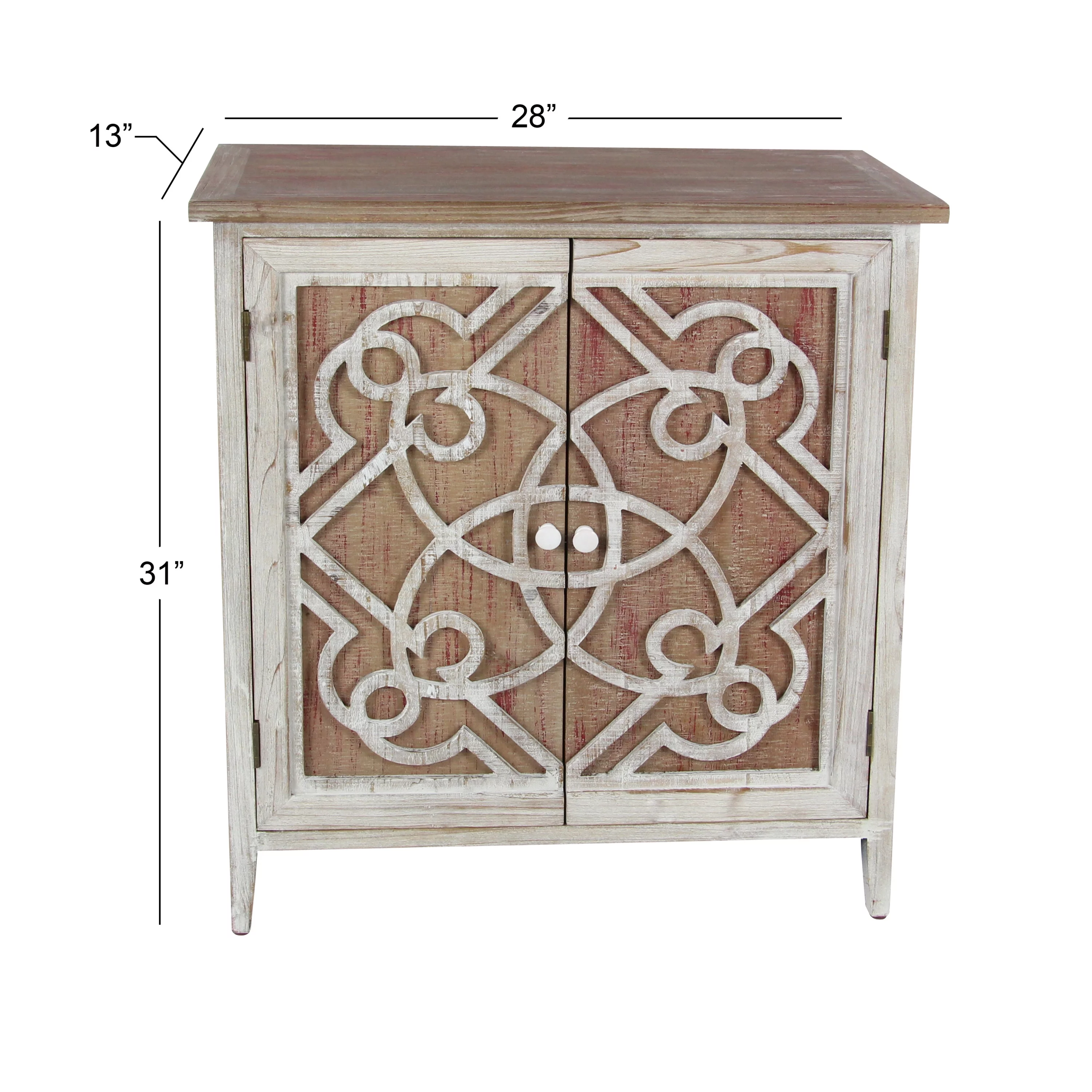 DecMode 28" x 31" Light Brown Wood 1 Shelf and 2 Door Geometric Cabinet with Carved Relief Overlay, 1-Piece