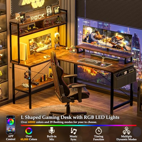 Aheaplus L Shaped Gaming Desk with Power Outlets & LED Lights, Small L- Shaped Desk Computer Corner Desk with Monitor Stand & Storage Shelf