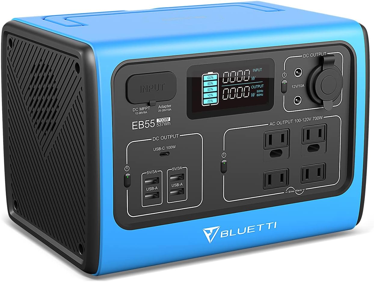 BLUETTI EB55 Portable Power Station 700W 537Wh LiFePO4 Battery Pack Solar Generator with 4 AC Outlets, 100W USB-C, Regulated 12V DC