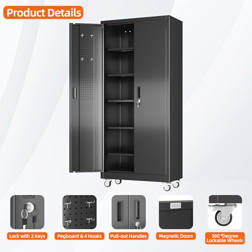 Aobabo 71" H×32" W×16" D Metal Storage Cabinet with Wheels, Garage Steel Storage Cabinet with 5 Adjustable Shelves and 4 Hooks for Home Office