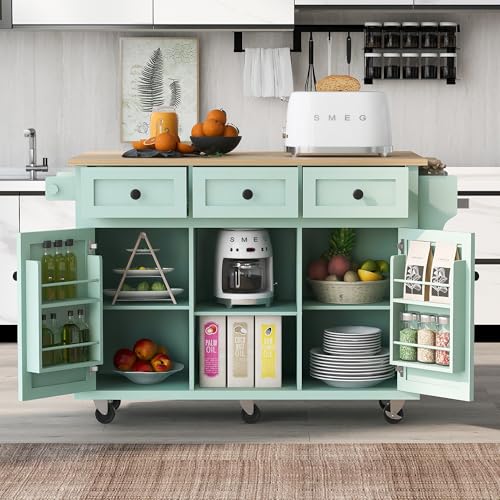 Rolling Kitchen Island with Drop Leaf & Power Outlet, Large Kitchen Islands Cart on Wheels