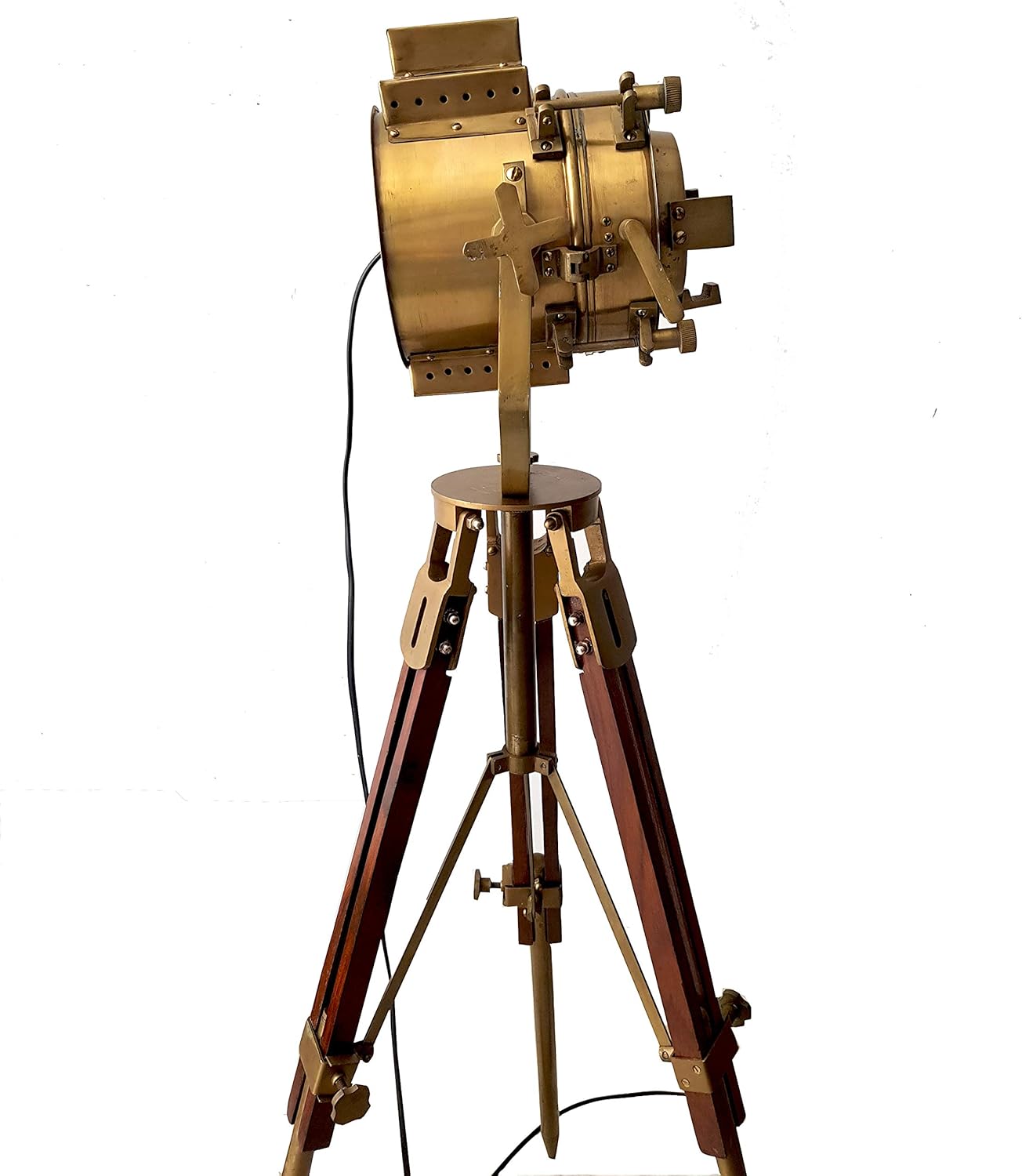 Vintage Antique Hollywood Theater Marine Searchlight Nautical Wooden Brown Tripod Handmade Brass Floor Lamp Retro Spotlight