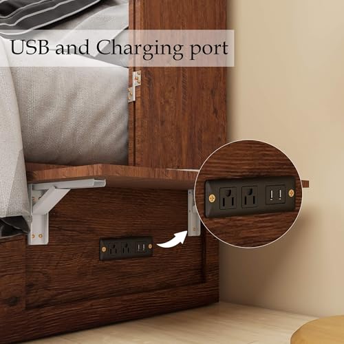 Murphy Bed Queen, Murphy Bed Cabinet with Charging Station, Large Storage Drawer and Shelves for Home Office or Guest Room, Warm White