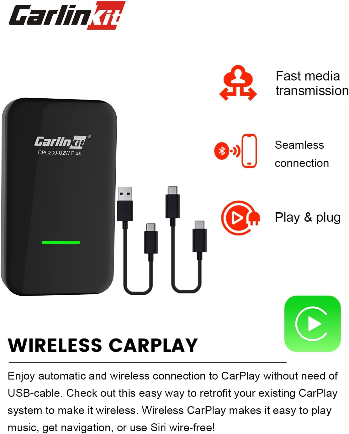CarlinKit 3.0 CarPlay Wireless(2-USB Cables),for Car Play Equipped Cars,for Volvo,Benz,Porsche,Audi,VW,Citroen,Renault,Ford,Kia,Supports iOS 15+